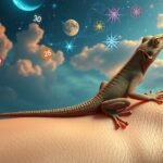 Geco su una mano con numeri e cielo stellato in background.