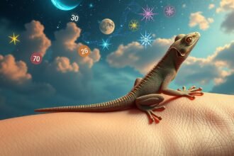 Geco su una mano con numeri e cielo stellato in background.