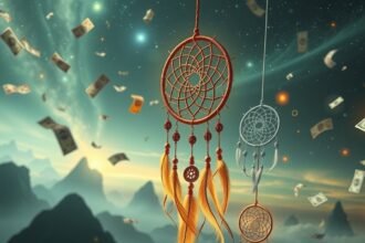 Sognare soldi con dreamcatchers e banconote fluttuanti nell'aria