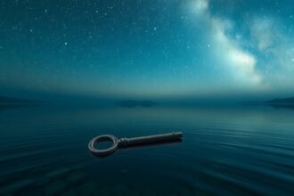 Chiave galleggiante sopra un lago sereno sotto un cielo stellato.