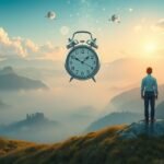 Riflesso di un uomo che osserva un orologio in un paesaggio onirico