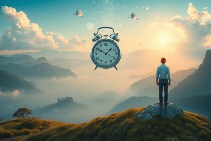 Riflesso di un uomo che osserva un orologio in un paesaggio onirico