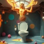 Scultura surreale di una figura mitologica in un bagno moderno