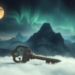 Chiave su un paesaggio onirico con montagne e cielo notturno