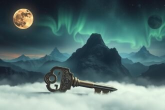 Chiave su un paesaggio onirico con montagne e cielo notturno