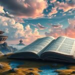 Un libro aperto su un paesaggio surreale con nuvole e montagne.