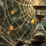 Clessidra intrappolata in una ragnatela, simbolo di tempo e memoria.