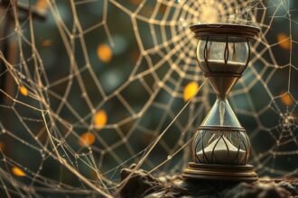 Clessidra intrappolata in una ragnatela, simbolo di tempo e memoria.