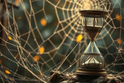 Clessidra intrappolata in una ragnatela, simbolo di tempo e memoria.