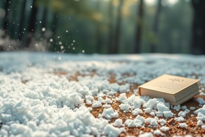 Zucchero sparso a terra con un libro sullo sfondo naturale