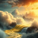 Fascinante paesaggio con un fiume d'olio tra montagne e nuvole