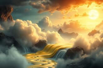 Fascinante paesaggio con un fiume d'olio tra montagne e nuvole