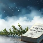 Libro dei sogni accanto a un rametto di rosmarino sullo sfondo onirico.