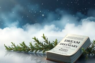 Libro dei sogni accanto a un rametto di rosmarino sullo sfondo onirico.