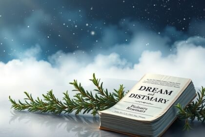 Libro dei sogni accanto a un rametto di rosmarino sullo sfondo onirico.