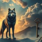 Un lupo maestoso con una chiave antica in un paesaggio onirico.