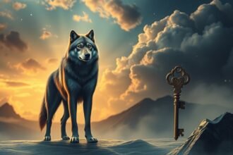 Un lupo maestoso con una chiave antica in un paesaggio onirico.