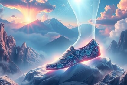 Scarpa decorativa su un vetta montuosa con un cielo spettacolare.