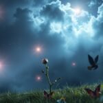 Una rosa solitaria illuminata da stelle nel cielo notturno