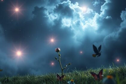 Una rosa solitaria illuminata da stelle nel cielo notturno