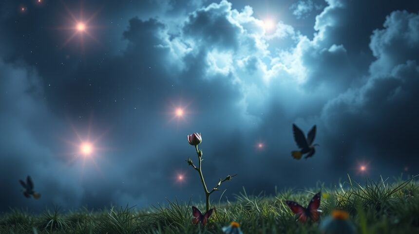 Una rosa solitaria illuminata da stelle nel cielo notturno