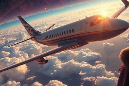 Aereo che vola tra le nuvole al tramonto, simbolo di libertà.