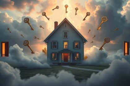 Immagine simbolica di una casa circondata da chiavi nel cielo.