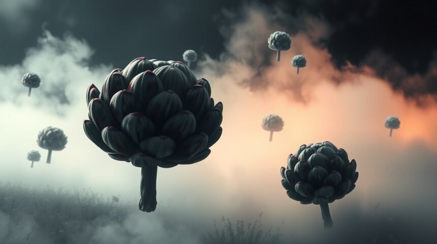 Carciofi in un paesaggio onirico simbolo di affetto e prosperità