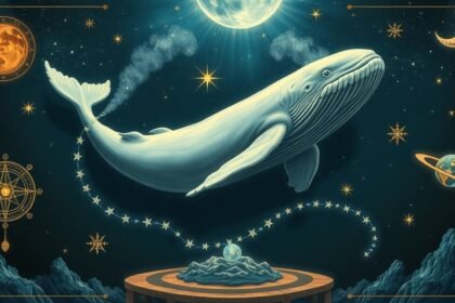 Balena bianca nel cielo stellato, simbolo di misticismo e cambiamento.