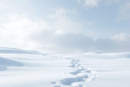 Paesaggio innevato con impronte sulla neve fresca.