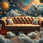 Divano in un paesaggio onirico con nuvole e simboli