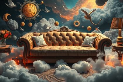 Divano in un paesaggio onirico con nuvole e simboli