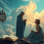 Una figura misteriosa parla con una giovane donna tra nuvole e simboli di tempo.