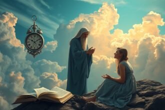 Una figura misteriosa parla con una giovane donna tra nuvole e simboli di tempo.