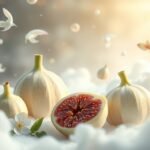 Fichi bianchi freschi tra nuvole e petali, simbolo di purezza.