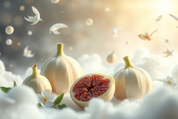 Fichi bianchi freschi tra nuvole e petali, simbolo di purezza.