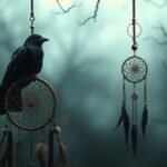 Un corvo nero posa su un dreamcatcher tra rami scuri e nebbia.