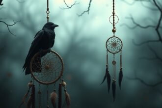 Un corvo nero posa su un dreamcatcher tra rami scuri e nebbia.