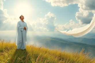 Uomo in bianco che sogna sotto un cielo luminoso e nuvole