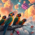Piccoli pappagalli colorati che comunicano in un mondo onirico.