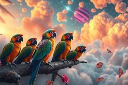Piccoli pappagalli colorati che comunicano in un mondo onirico.