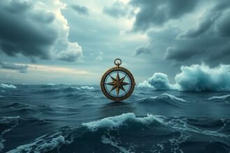 Una bussola sul mare agitato, simbolo di introspezione e conflitti interiori.