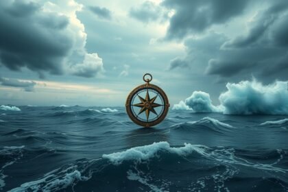 Una bussola sul mare agitato, simbolo di introspezione e conflitti interiori.