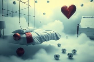 Immagine di un letto sospeso nel sogno con un cuore rotto e numeri della lotteria.