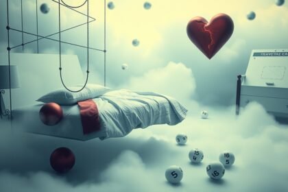Immagine di un letto sospeso nel sogno con un cuore rotto e numeri della lotteria.