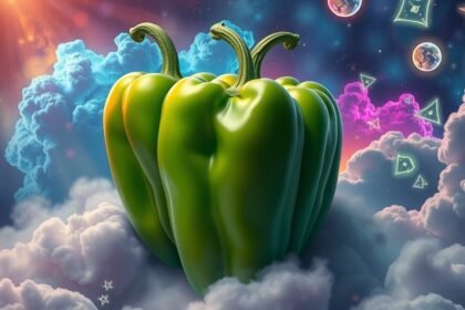 Peperoni verdi in un paesaggio onirico e colorato