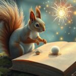Scoiattolo che esplora un libro con scintille magiche