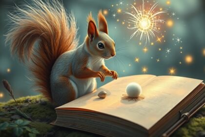 Scoiattolo che esplora un libro con scintille magiche