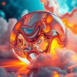 Una sfera colorata fluttua sopra nuvole luminose