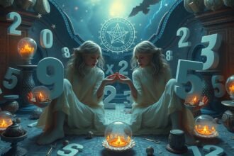 Due gemelli in un ambiente simbolico con numeri della Smorfia